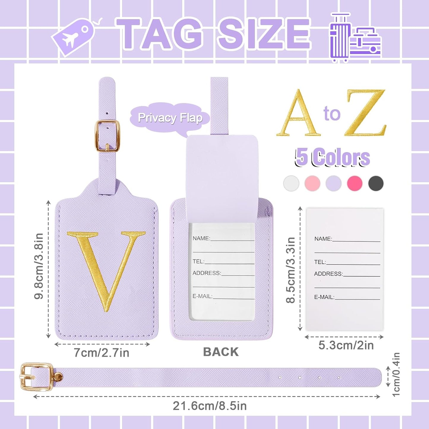 Personalized Initial Luggage Tags for Suitcase, Purple Leather Cute Luggage Tags with Privacy Cover Name Card, Embroidered Custom Monogrammed Luggage Tag Travel Backpack Tags Gifts for Women Kids(V)