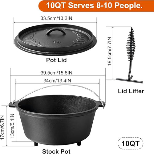 10 QT Pre-Seasoned Cast Iron Camp Dutch Oven - Image 2