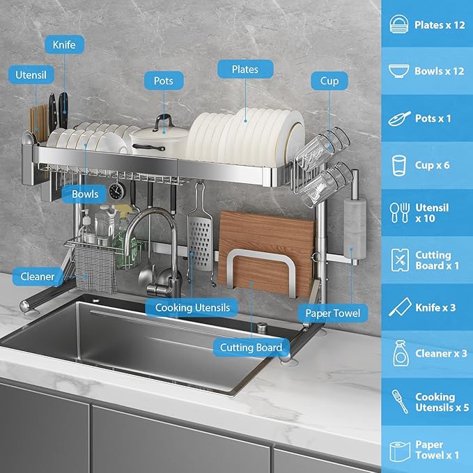 Over The Sink Dish Drainer Drying Rack, 2 Tier Adjustable Width 304 Stainless - Image 5