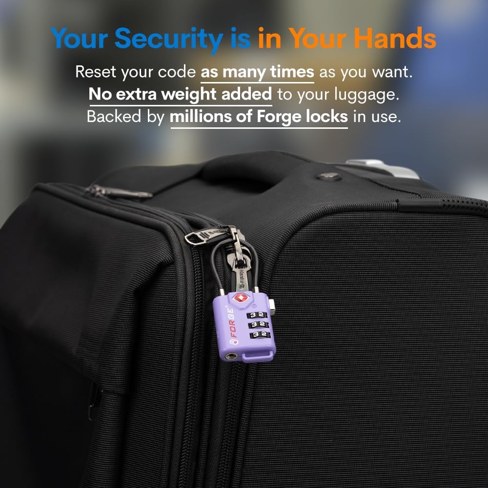 Forge TSA Approved Luggage Locks, Re-settable Combination with Alloy Body, Light Purple 2 PK, for Luggage, Suitcase, Backpack and More.