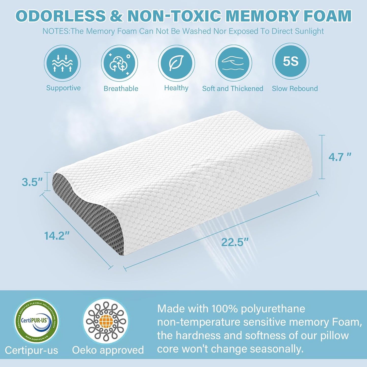 Cooling Pillows Queen Size Set of 2, Memory Foam Bed Pillows for Sleeping, Ergonomic Cervical Pillow for Neck and Shoulder Pain Relief, with Pillowcase（Grey）