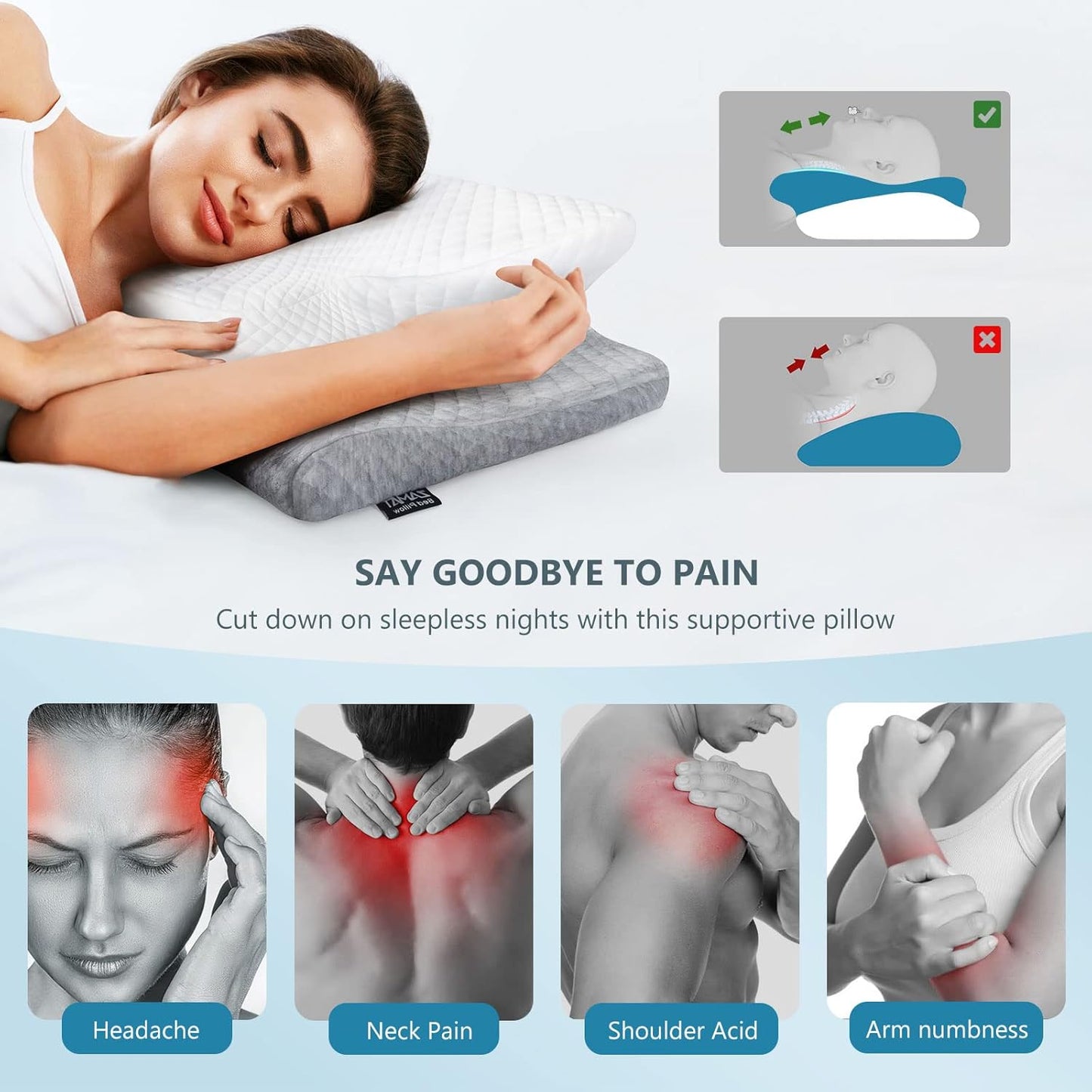 ZAMAT Adjustable Cervical Memory Foam Pillow, Odorless Neck Pillows for Pain Relief, Orthopedic Pillows for Sleeping with Cooling Pillowcase, Ergonomic Support Pillow for Stomach, Back, Side Sleeper
