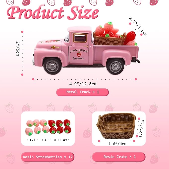 4.9″ Mini Vintage Strawberry Pink Metal Farm Truck Decor - Image 3