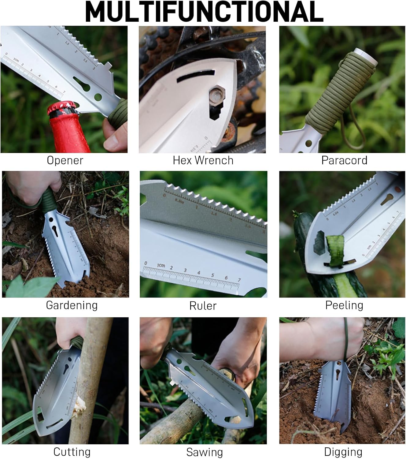 Small Camping Shovel, 9 in 1 Mini Hand Shovel, Portable Backpacking Trowel, Ultralight Compact Multitool for Camping, Gardening, Outdoor Survival, Black