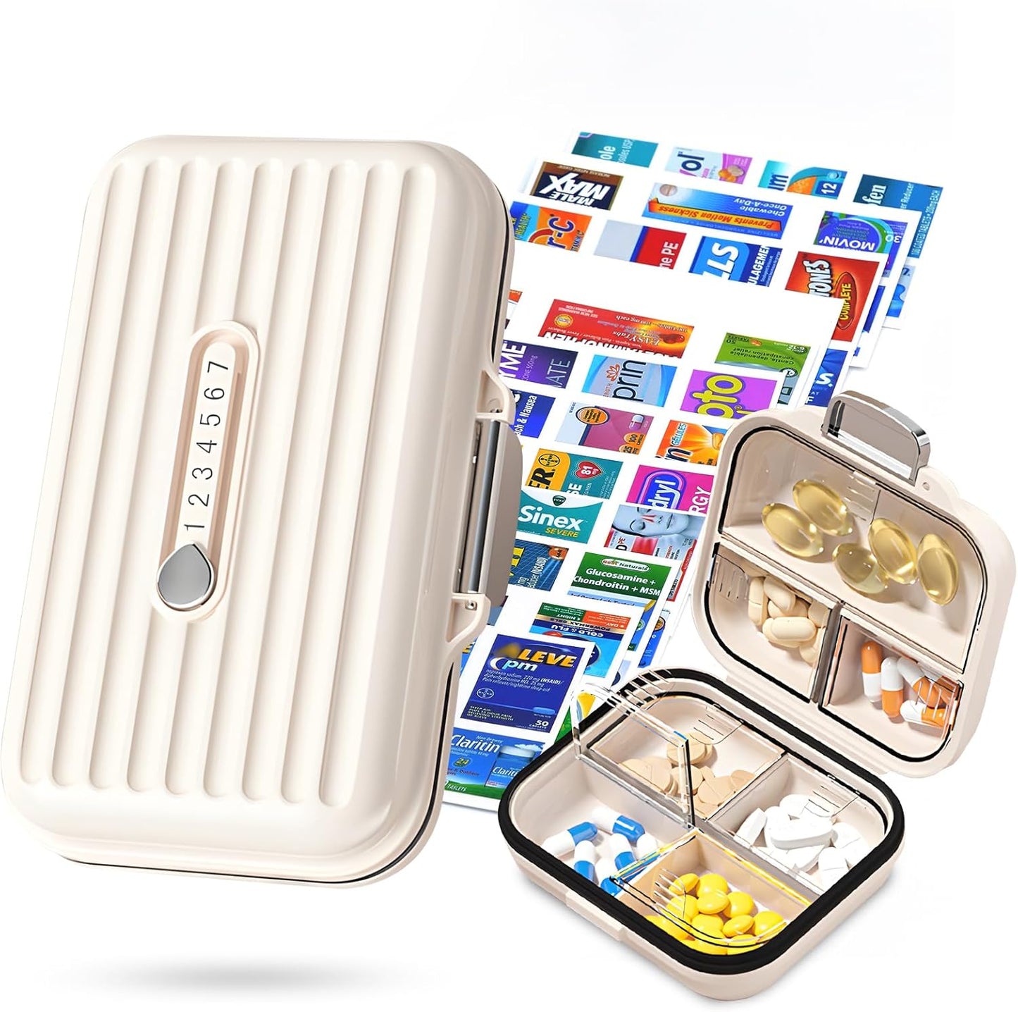Travel Pill Organizer Box with Medicine Labels, 2Pack 7 Compartments Portable Pill Case, Daily Medication Organizer Storage Pill Container for Pocket Pharmacy(Pearly White S+L 2Pack)