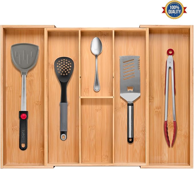 guiogc Bamboo Silverware Organizer, Expandable Kitchen Drawer Organizer and - Image 6