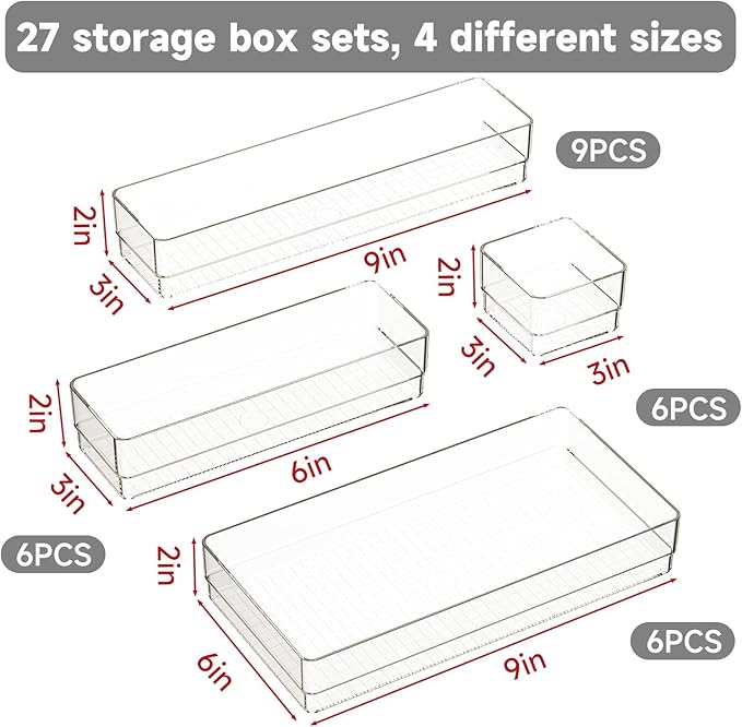 27 PCS Clear Plastic Drawer Organizer Set, 4 Sizes Acrylic Drawer Storage Trays - Image 2