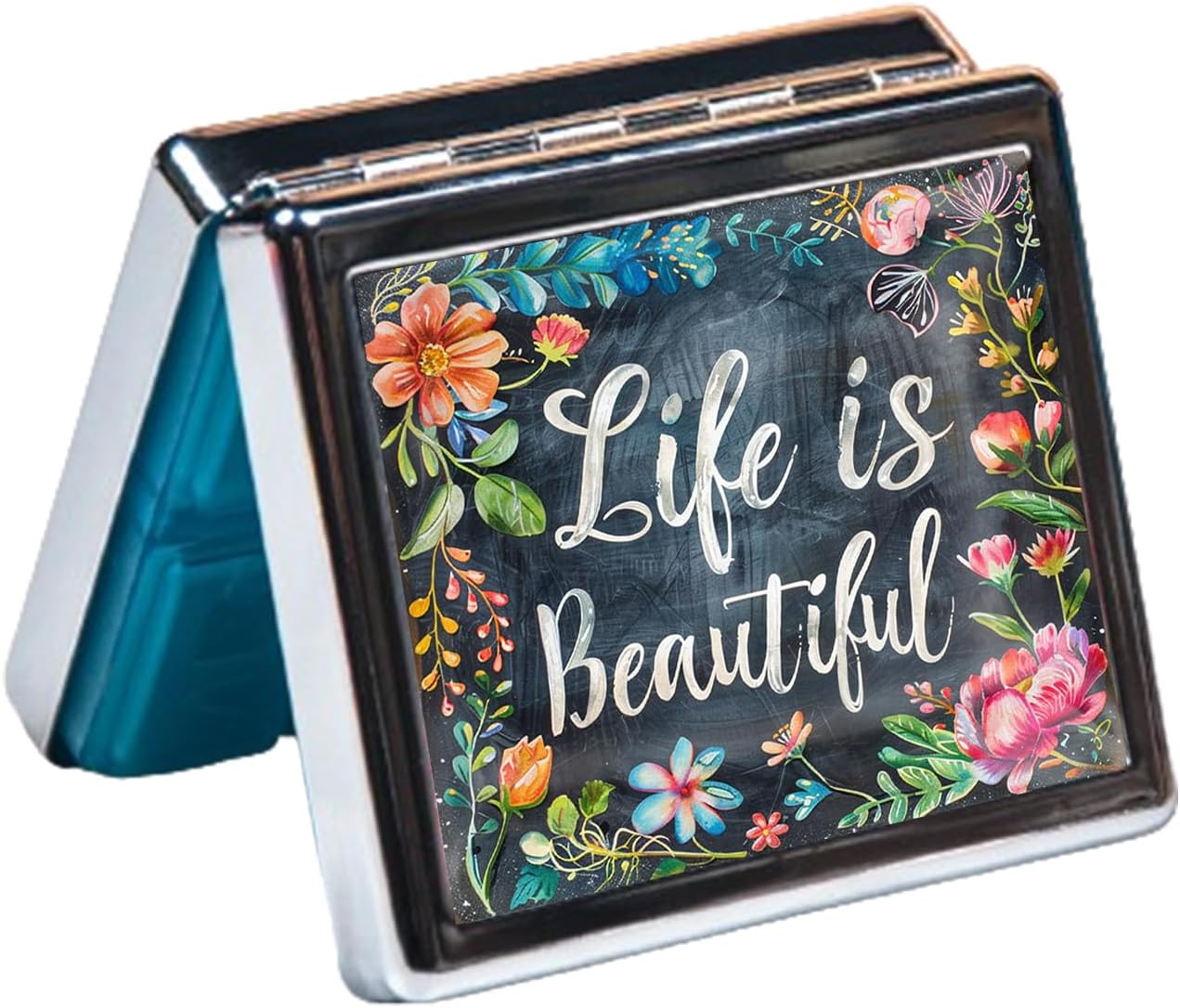 Cute and Portable Metal Pill Organizer – 8 Compartments, Elegant Chrome Finish, Ideal for Travel and Daily Use (Life is Beautiful Floral)