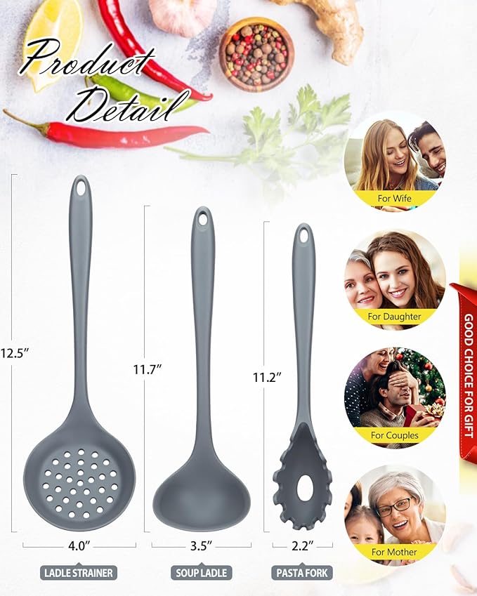 3 Pcs Silicone Kitchen Utensils Set, Soup Ladle-Pasta Fork-Slottede Spoon - Image 3