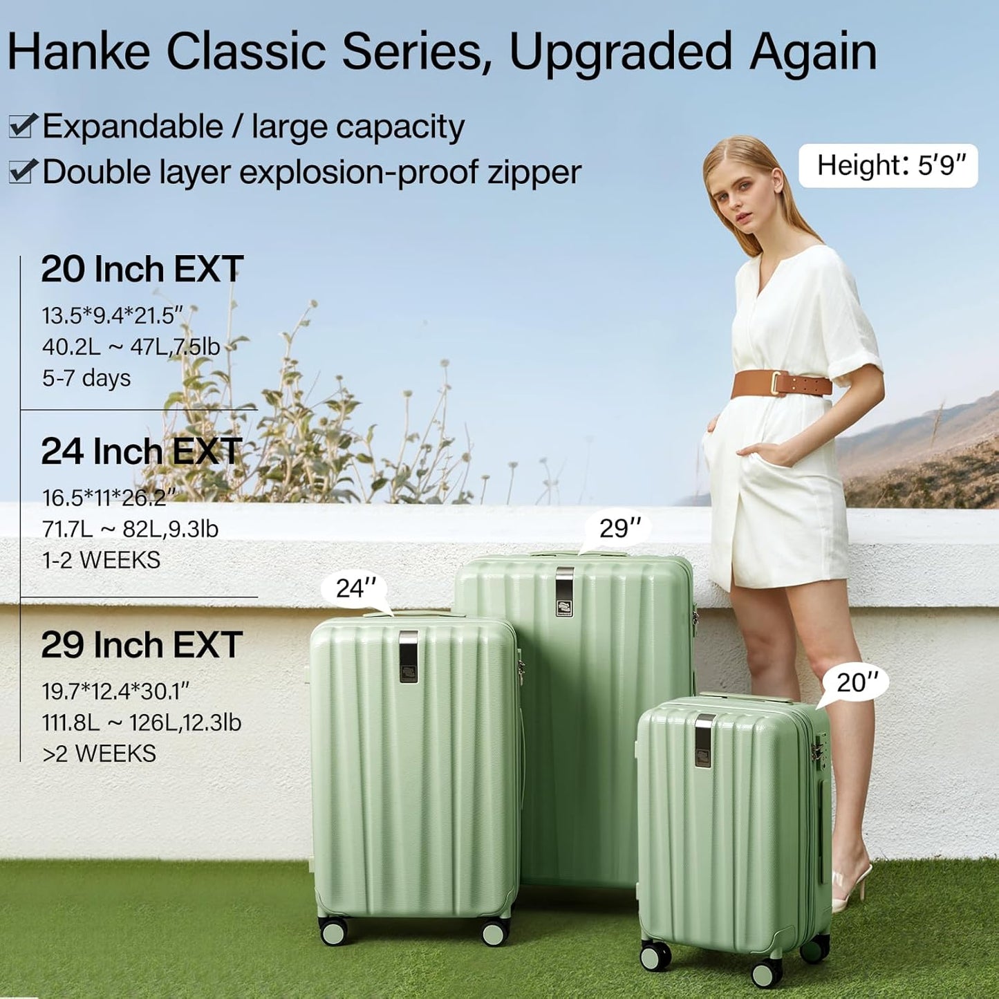 Hanke 20 Inch Expandable Carry on Luggage 22x14x9 Airline Approved Lightweight PC Hard Shell Suitcases with Wheels Travel Luggage Rolling Suitcase Travel Luggage Bag for Weekender(Bamboo Green)