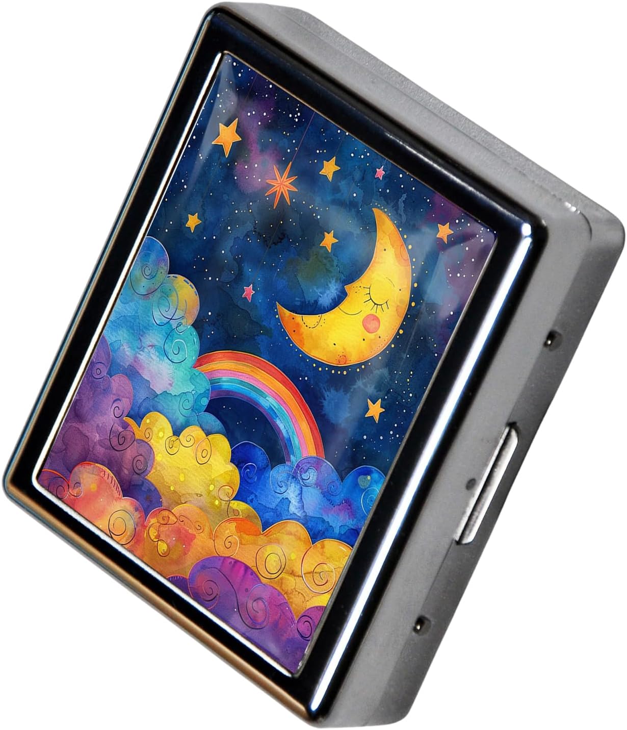 8‑Compartment Metal Pill Box Organizer – Portable Medicine Case 3″×2.6″ | Food‑Grade Dividers | Secure Snap Button Lid | Travel & Gift for Seniors (Dreamy Moon and Rainbow Skies)