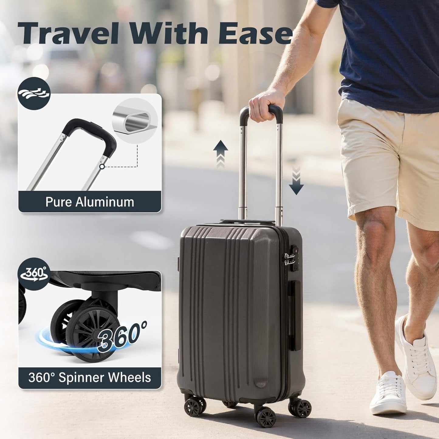 Coolife Luggage Suitcase PC+ABS with TSA Lock Spinner Carry on Hardshell Lightweight 20in 24in 28in (grey, S(20in))