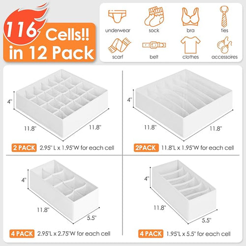 12 Pack Drawer Organizers for Clothing, 116 Large Compartments Fabric Dresser - Image 2