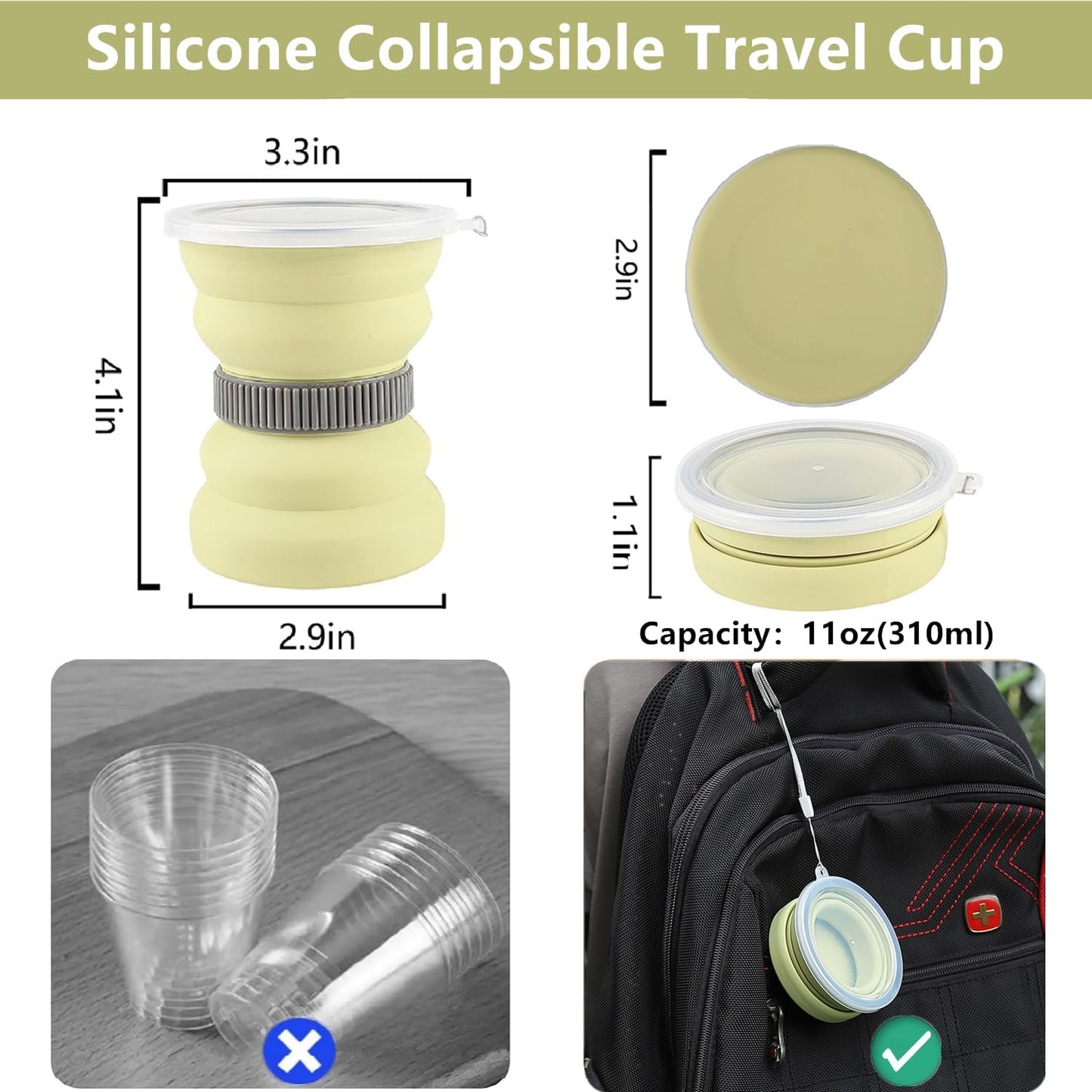 IYYI Collapsible Travel Cup, 10.5 OZ Foldable Cup with Lid, Silicone Folding Cups for Camping, Hiking, Outdoors, Travel, Portable Camping Mug (Pink+Gray)
