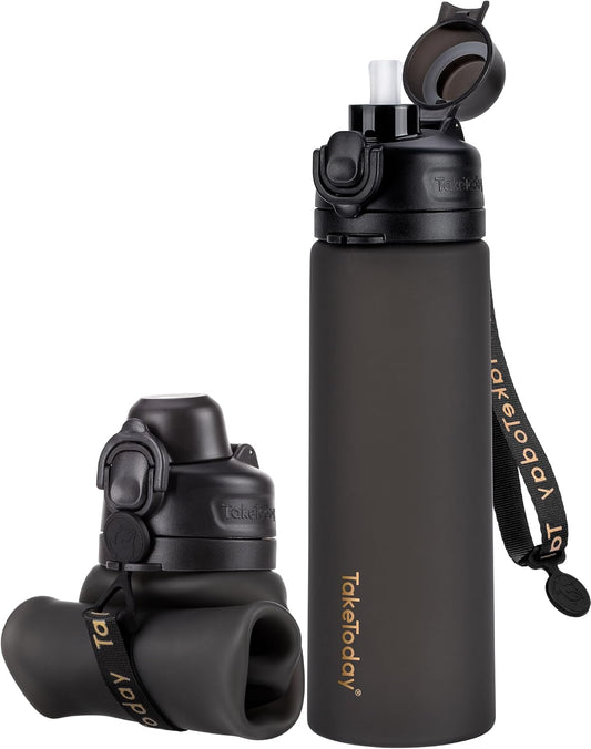 TakeToday Collapsible Water Bottles 20oz, Leak Proof, BPA-Free, Foldable Silicone Travel Water Bottle with Straw Strap for Cycling, Hiking, Outdoors