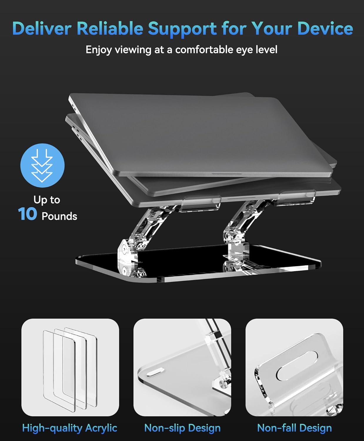 2 Pack Acrylic Laptop Stand for Desk, Adjustable Ergonomic Laptop Riser, Portable Foldable Computer Stand, Compatible with 10 to 15.6 Inches Notebook and MacBook, Clear