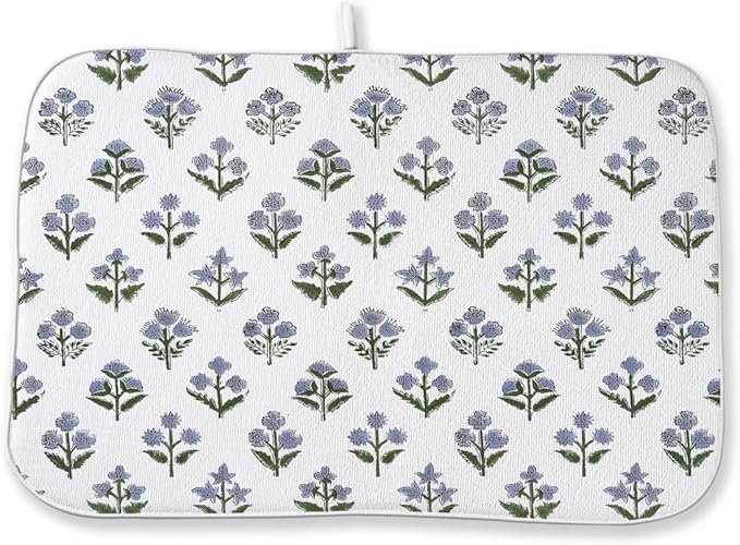 Vintage Blue Sage Green Floral Dish Drying Mat 18 x 24 Inch Block Print Floral by Sorktse