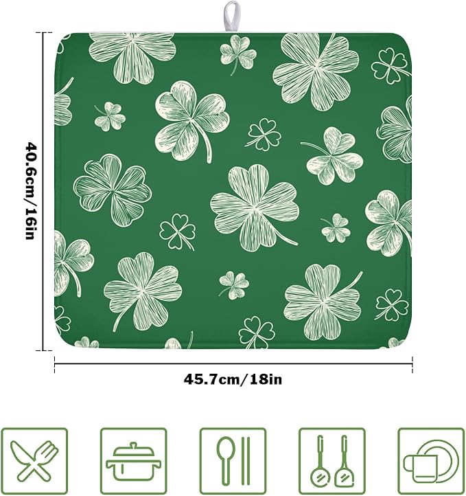 St Patrick's Day Dish Drying Mat 16 x 18 Inch Green Shamrock Dish Drainer Rack - Image 2