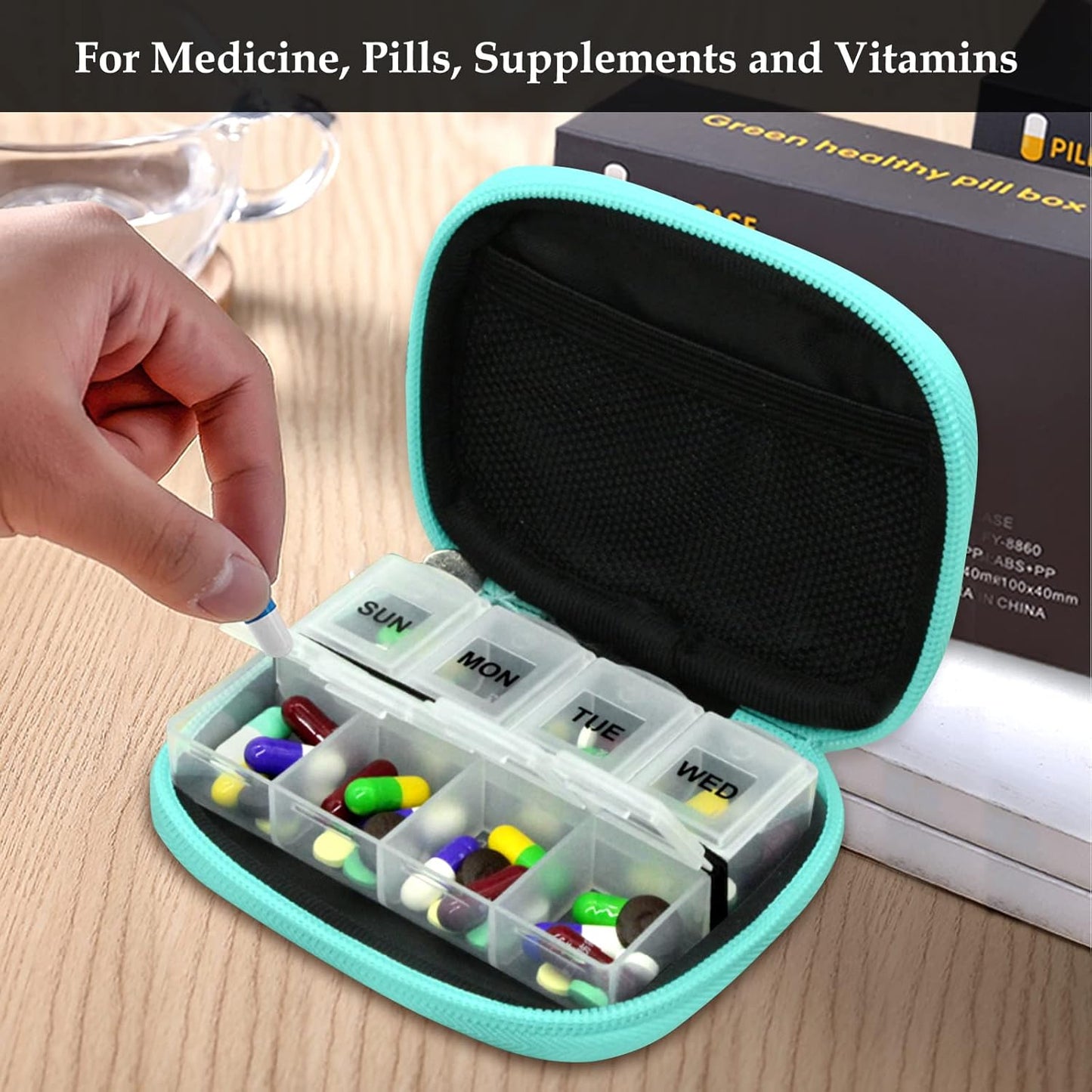 Serfeymi Weekly Travel Pill Organizer Pill Case for Purse with Removable 7 Day Pill Box, Fashionable Travel Medicine Organizer Pill Container for Medicine, Vitamin, Supplement - Green 01 + Pill Box