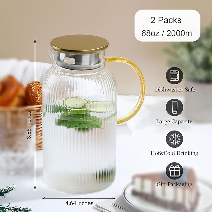2 PACK Glass Pitcher with Lid, 68oz/2Liter Borosilicate Glass Water Pitcher - Image 2