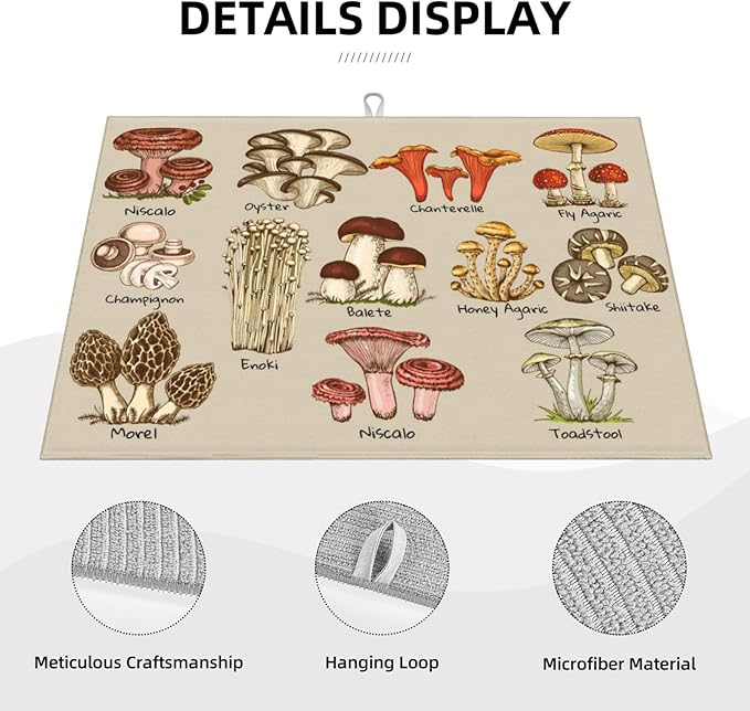 Mushrooms Dish Drying Mat XL Microfiber Kitchen Drying Mat Large Dish Drying - Image 3