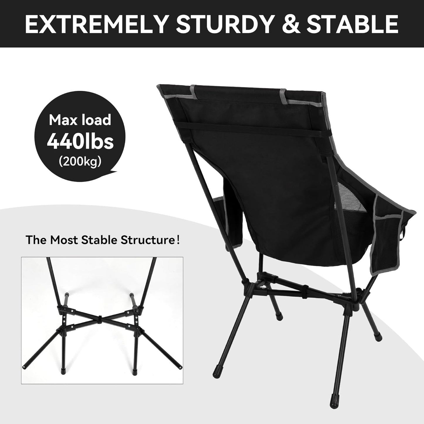 Portable High Back Camping Chair, Support Heavy Duty 440 lbs, Lightweight Folding Chair with Adjustable Pillow for Hiking, Beach, Backpacking