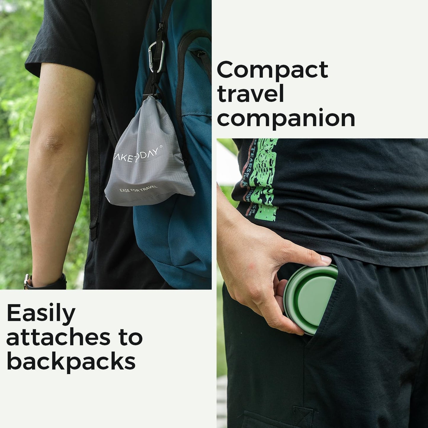 TakeToday Collapsible Travel Cup - Silicone Foldable Water Cup, BPA-Free with Lid & Waterproof Bag - Drinking Cup Set for Office, Camping & International Travel（8 Oz, Green）