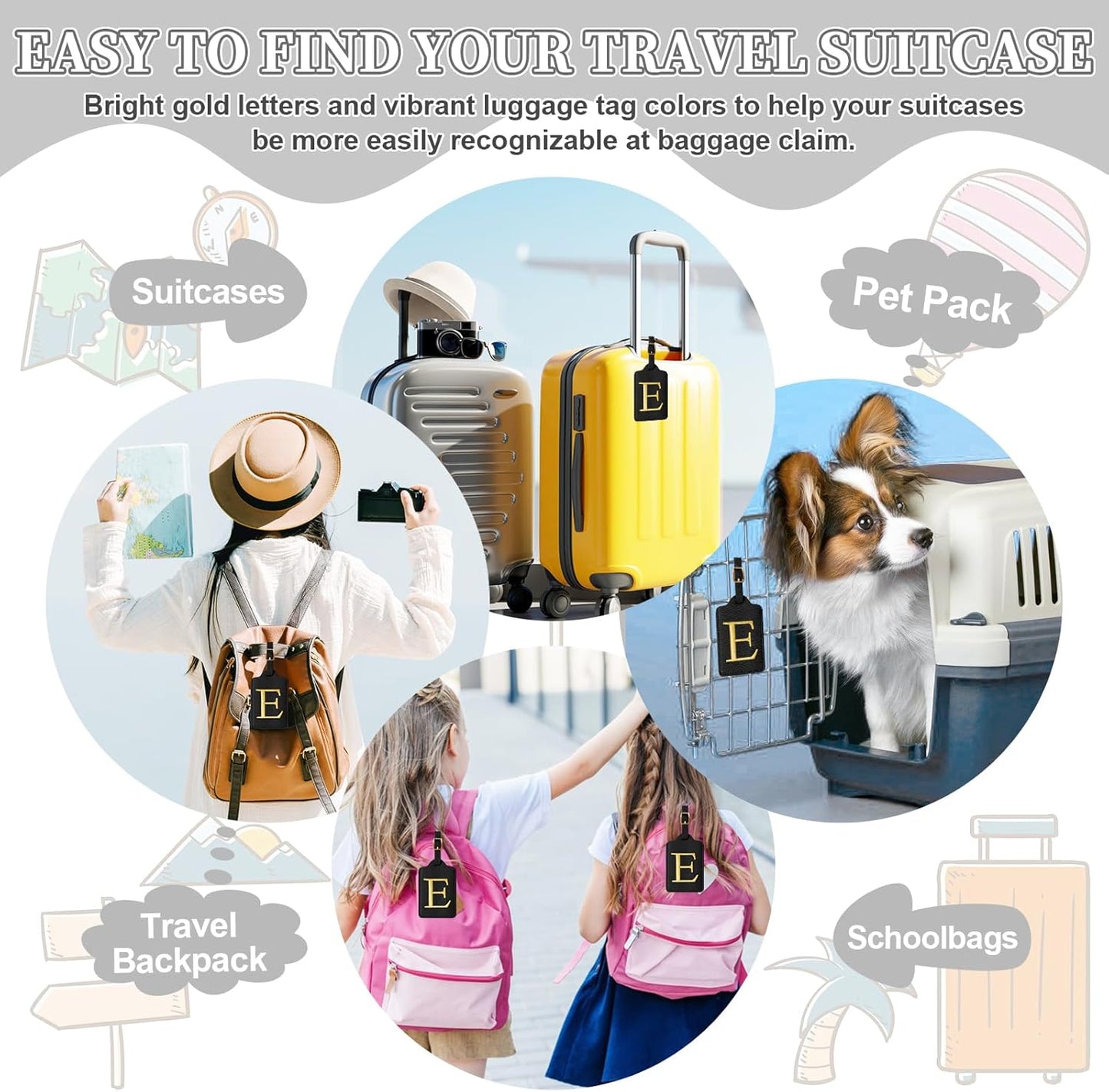 Personalized Initial Luggage Tags for Suitcase TSA Approved, Black Leather Cute Luggage Tag with Privacy Cover Name Card, Embroidered Custom Luggage Tags Travel Backpack Tags Gifts for Women Kids(E)