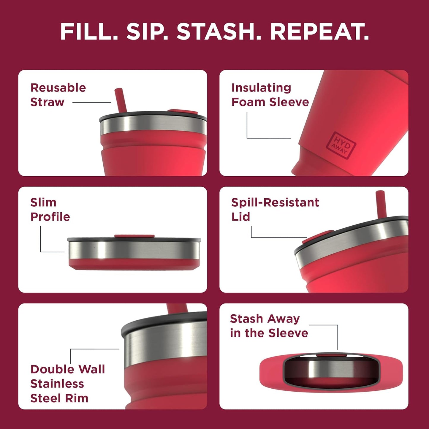 HYDAWAY 16oz Collapsible Tumbler - BPA-Free, Reusable Silicone Cup with Lid & Insulating Sleeve - Perfect for Coffee, Travel, and Everyday Use