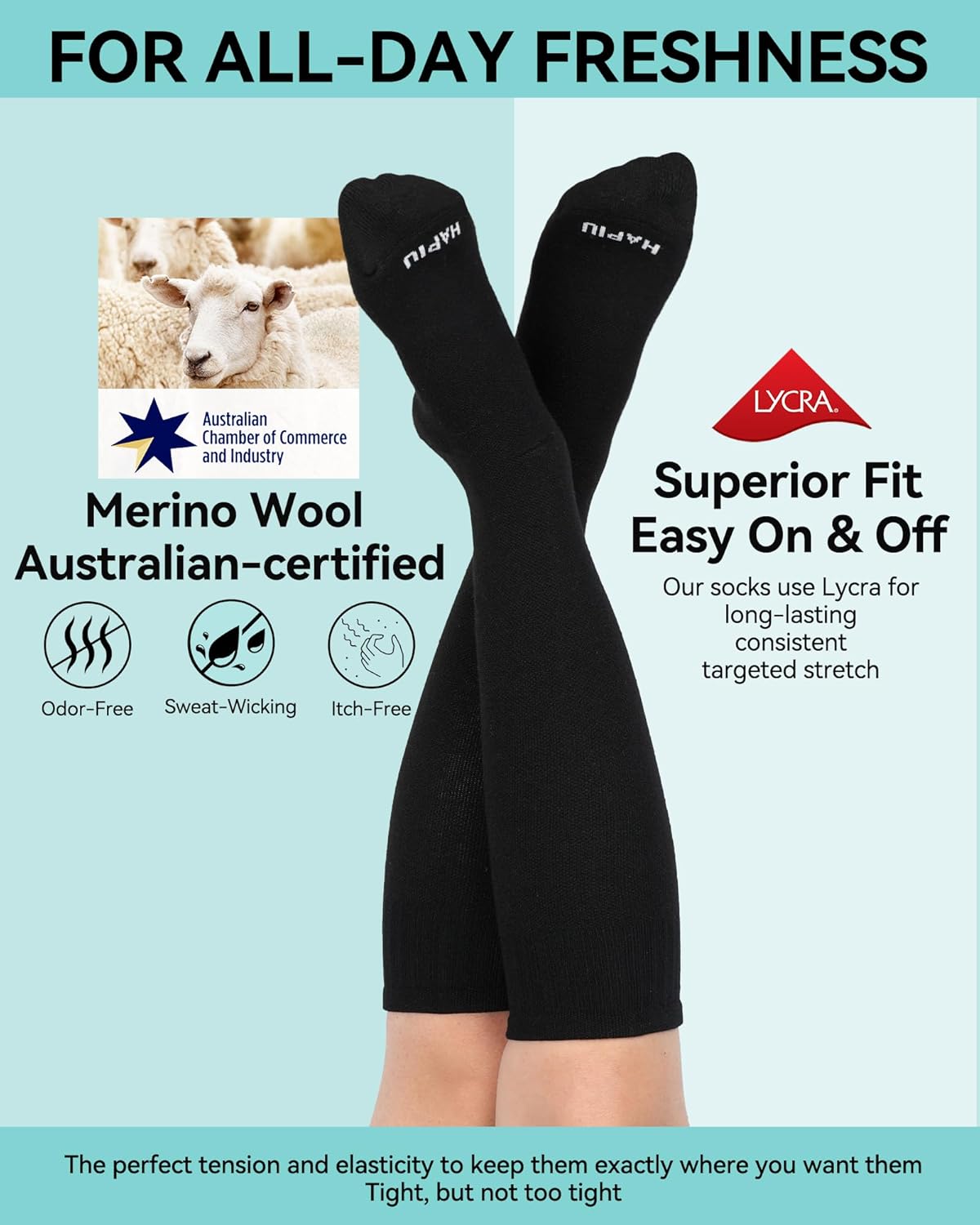 HAPIU Merino Wool Easy On Compression Socks for Women & Men, 15-20 mmHg, Plus Size Knee High Stocking for Nurses, Pregnancy, Travel, Flight, Medias de Compresión Mujer