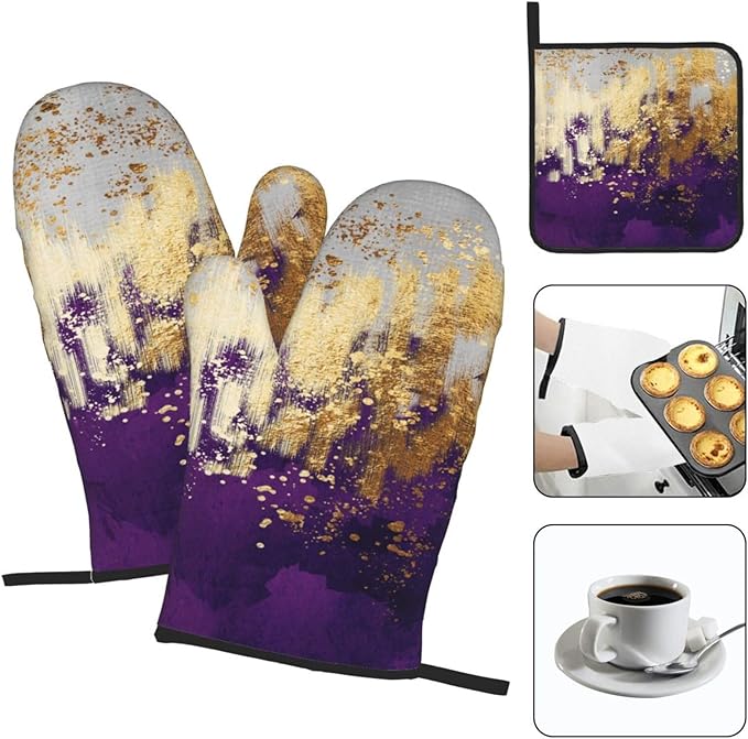 3 - Piece Purple and Gold Splash Patterned Oven Mitts and Pot Holders Set - Image 4