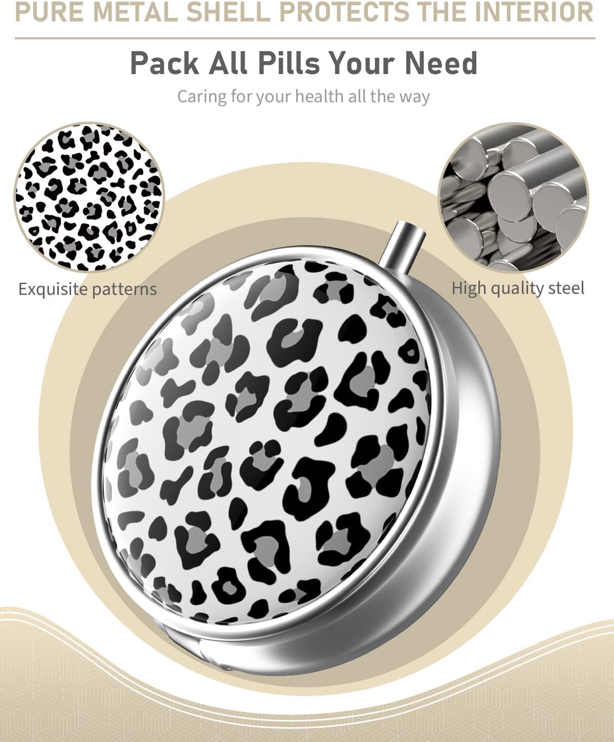 Pill Box, 3 Compartment Portable Travel Medicine Box with Mirror, Compact and Cute, Fits in Purse and Pocket, Medicine and Vitamin Organizer (Snow Leopard)