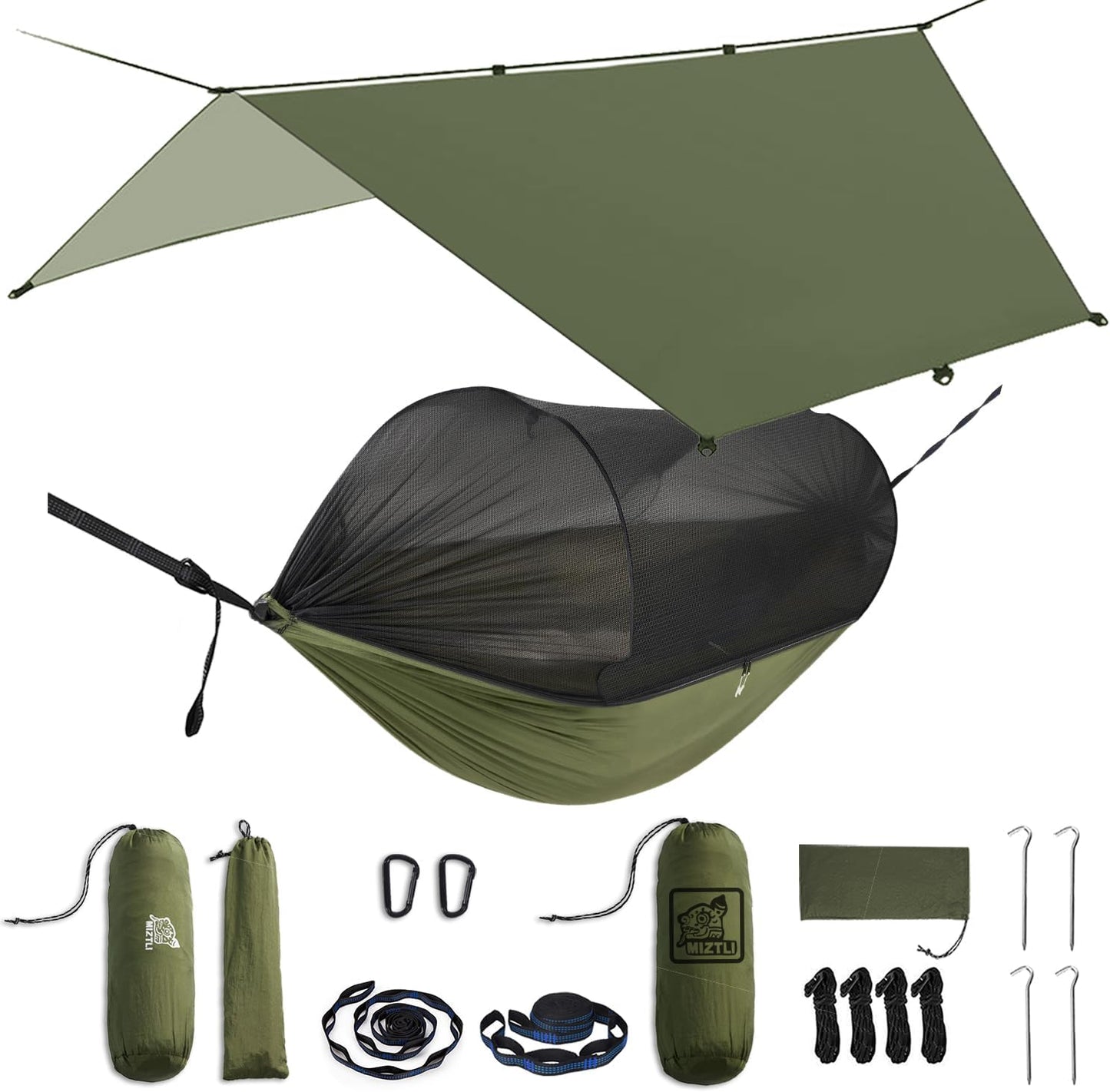 Miztli Camping Hammock -Portable Hammock w/Spacious Net & Tree Straps w/Adjustable Loops, Double and Single Hammock for Outdoor, Indoor, Hiking and Travel