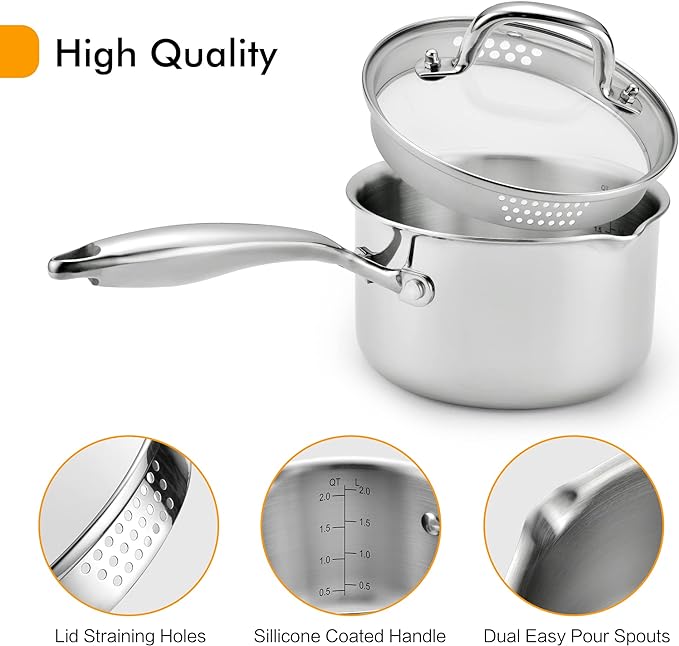 Cyrosa 2.5 Quart Saucepan with Strainer Lid, Stainless Steel Sauce Pot - Image 3