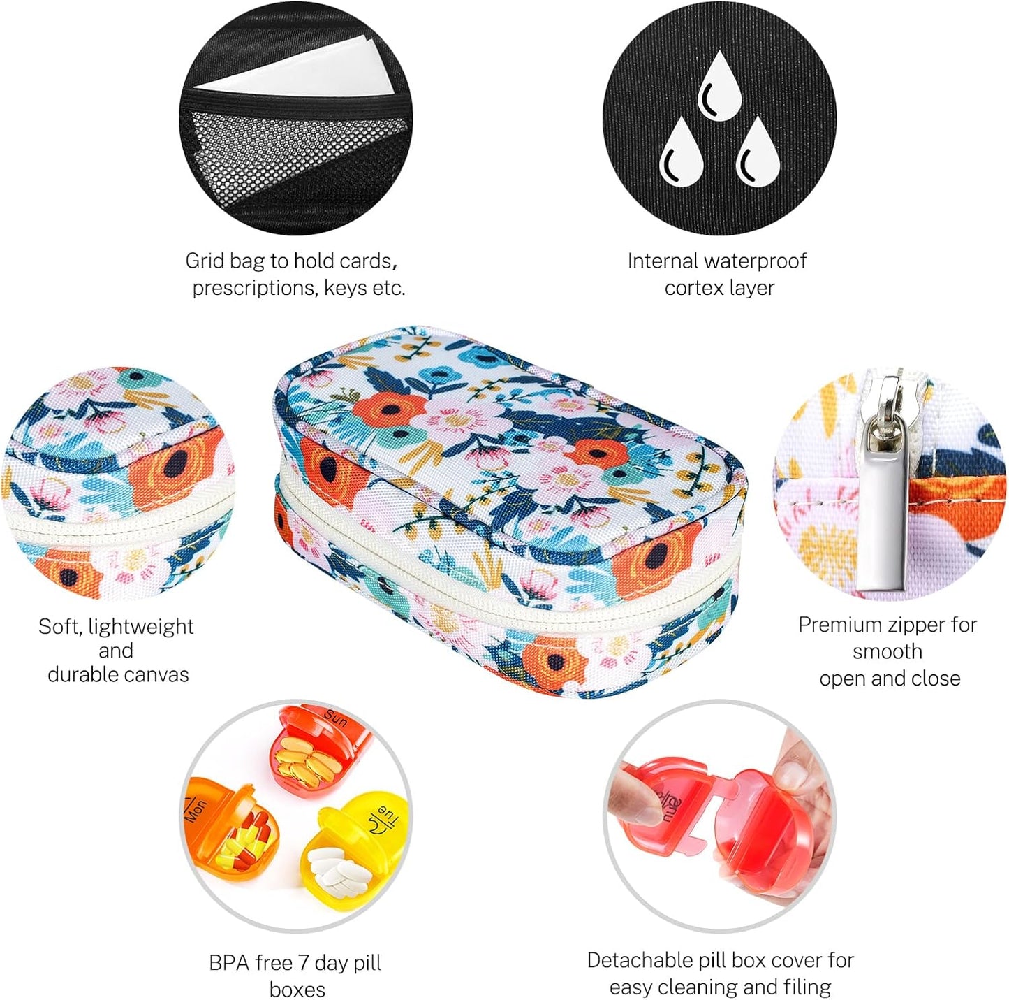 Serfeymi Weekly Travel Pill Organizer 2 Times A Day AM PM Rainbow Pill Box 7 Day with Zipper Canvas Pill Case, Medicine Organizer for Pills, Vitamins, Fish Oils - Purple 01+ Bloom 01