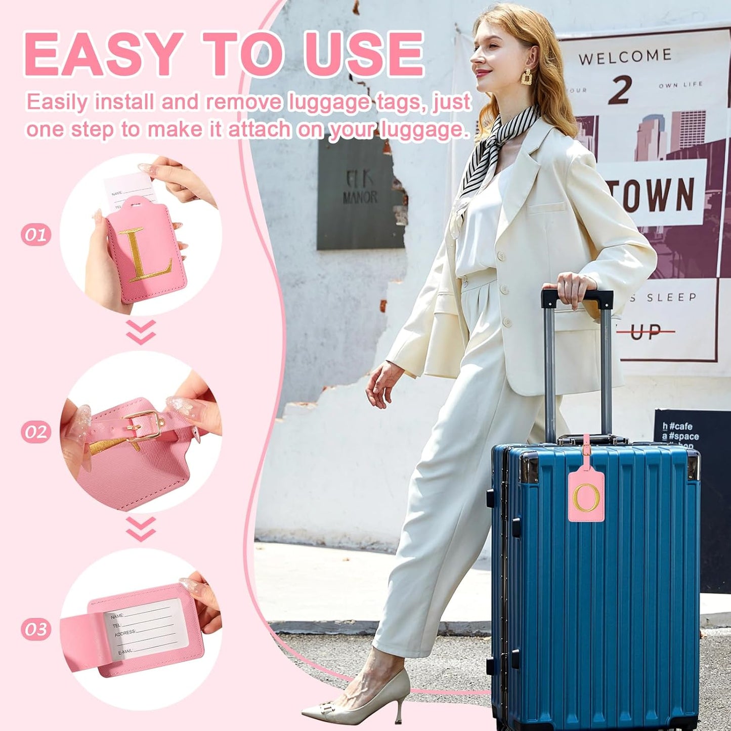 Personalized Initial Luggage Tags for Suitcase, Pink Leather Cute Luggage Tags with Privacy Cover Name Card, Embroidered Custom Monogrammed Luggage Tag Travel Bag Baggage Tags Gifts for Women Kids(O)