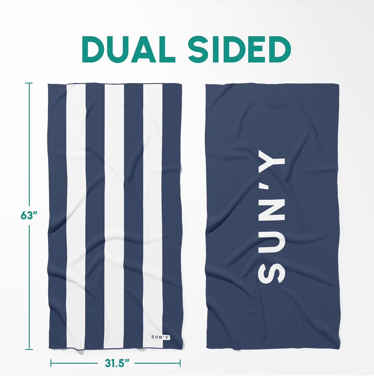 SUN'Y Waffle Microfiber Beach Towel – Sand Free, Quick Dry, Ultra Absorbent, Lightweight & Compact Travel Towel with Carry Bag - Large (63” x 31.5”), Nautical Navy