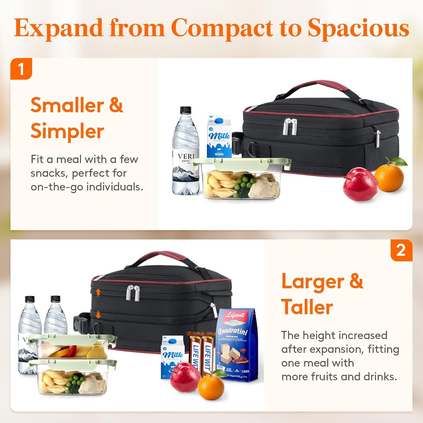 Lifewit Insulated Lunch Box for Men, Expandable Cooler Bag, Freezable Lunch Bag for Women with 2 Ice Packs and Shoulder Straps for Work Travel College, 8.2L Black and Red