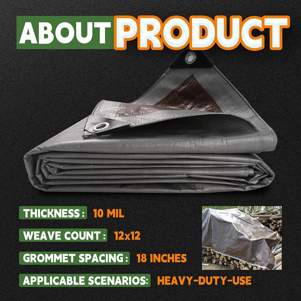Tarps Heavy Duty Waterproof 18x24 Feet, 10Mil Multipurpose Large Tarp Cover with Metal Grommets and Reinforced Edges, Silver/Brown Tarp by RAINDEWAY
