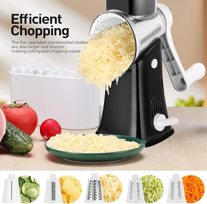 APSARAS USA Cheese Grater Hand Crank, Rotary Cheese Grater, 5 in 1 Rotary Grater - Image 3