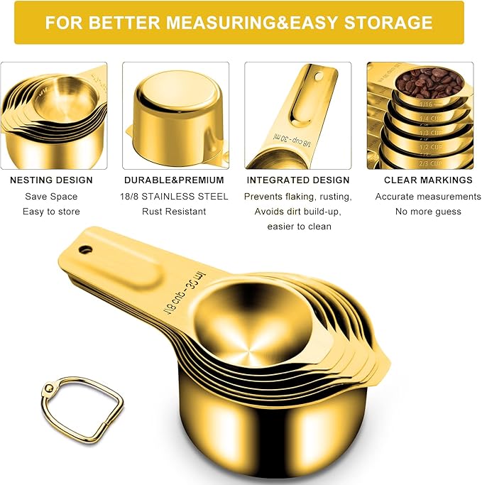 Gold Measuring Cups and Spoons Set of 15, 18/8 Stainless Steel, Includes 7 - Image 5