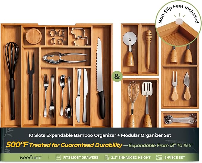 keechee 6-Piece Bamboo Drawer Organizer Set, 2.2" Deep Multi-Use Organizers by Keechee