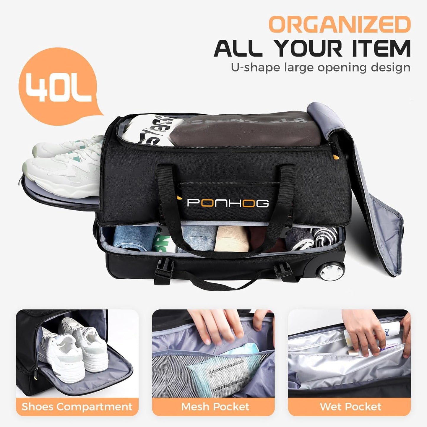 Rolling Duffle Bag with Wheels, Large Travel Duffel Bag with Shoe Compartment, Water Resistant Rolling Wheeled Luggage for Men Women Weekender Overnight Trip