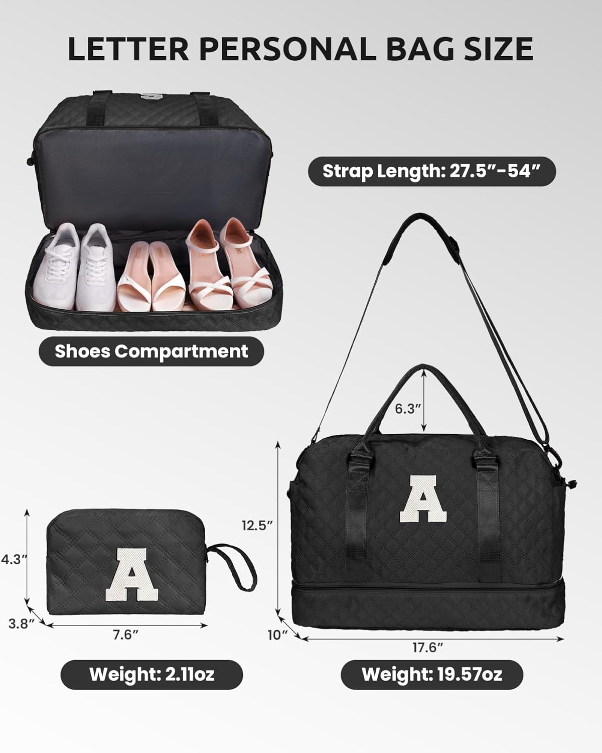 Birthday Gifts-for Women-Initial Duffle Bag with Shoe Compartment, Personalized Weekender Bag, Monogram Overnight Bag, Letter Travel Bag with Makeup Bag，Friend Wife Birthday Gift (Letter C)