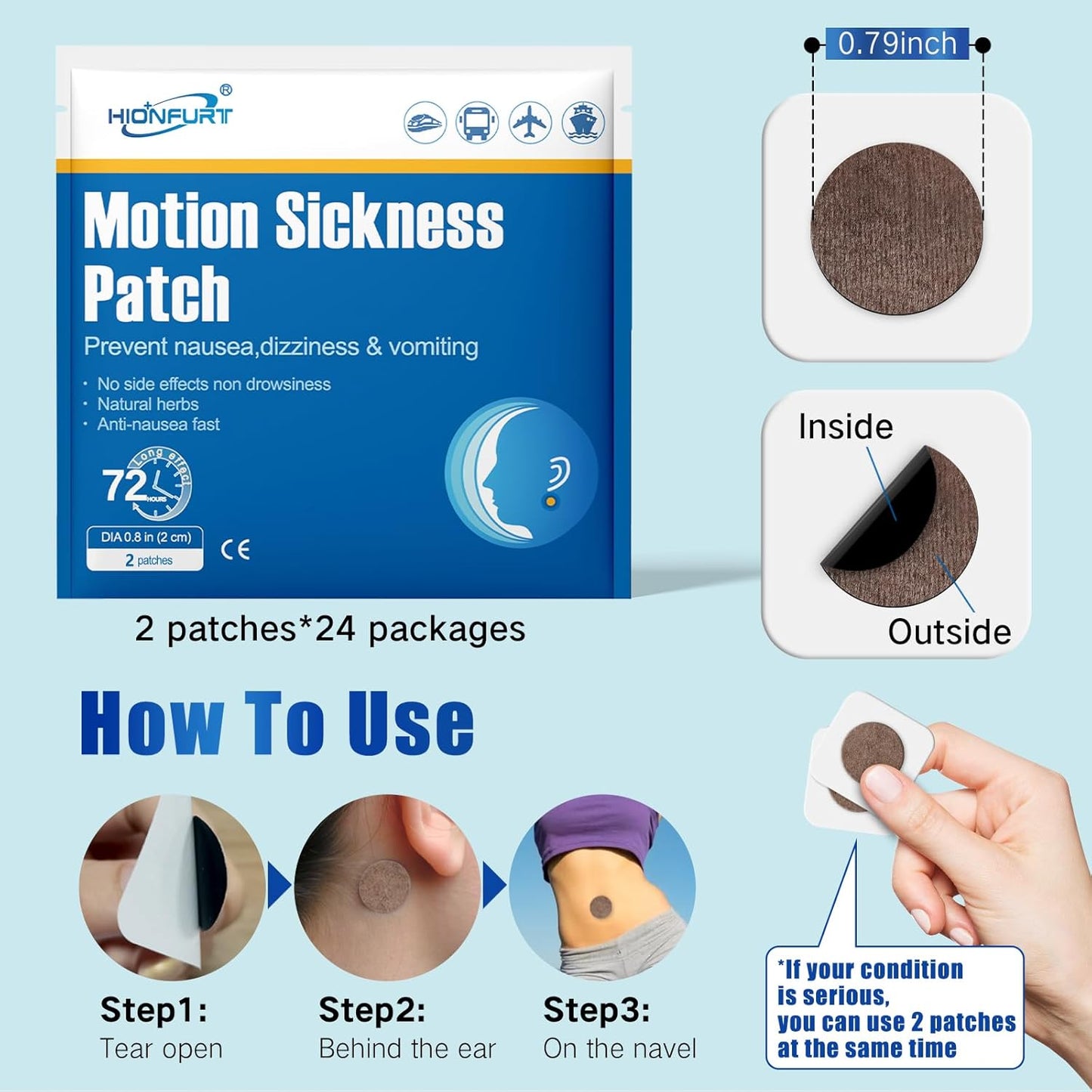 48ct Motion Sickness Patches – Sea Sickness Patches for Cruise, Car, Airplane, and Other Travel – Non-Drowsy, Effective, Lasts 72 Hours