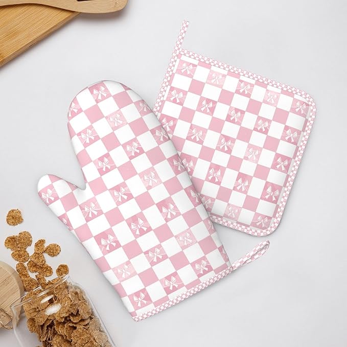 Oven Mitts and Pot Holders Pink Check Bow Pattern Silicone Kitchen Accessories - Image 6