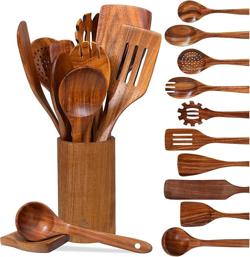 12 Piece Wooden Spoons for Cooking, Natural Teak Wooden Utensils Set, Handmade by Vorisebo