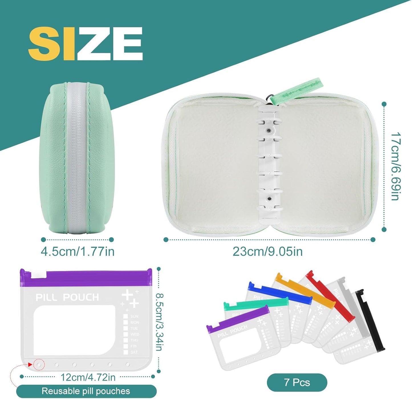 A7-L Water-Proof Pill Pouch Set， Large Pill Organizer, BPA Free, A7-L Pill Loose-Leaf Storage with Color-Coded Medicine Pouches, Reusable Travel Medicine Organizer， Zippered Pill Organizers Weekly