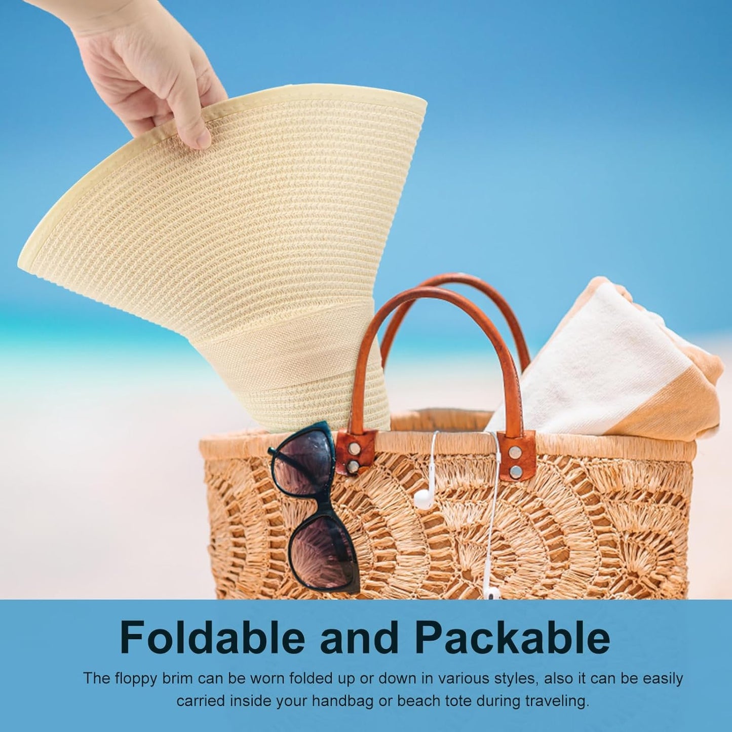 DRESHOW Beach Hats for Women Big Straw Wide Brim Summer Hat Floppy Foldable Roll up Cap Sun Hat UPF 50+