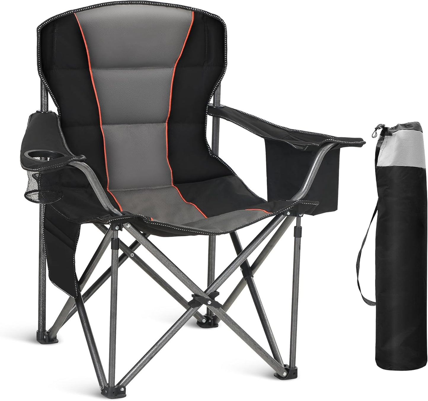 HIGH POINT SPORTS Oversized Portable Camping Folding Chair, Heavy Duty Foldable Outdoor Chair, Camp Chair with Cup Holder and Cooler Bag Support 450 LBS, Black…